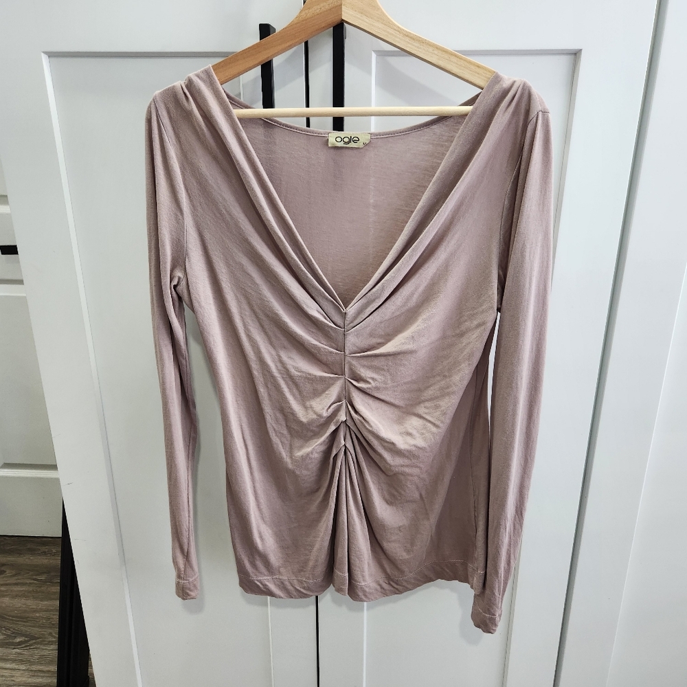 Ogle 100% Organic Combed Cotton Maeve V Neck Ruching Top Size Medium